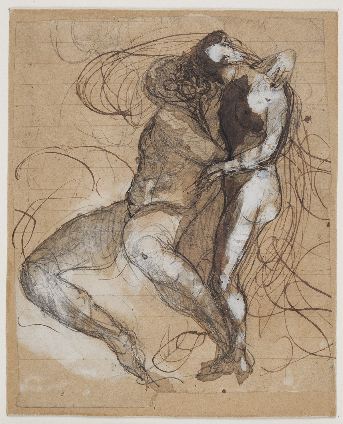 Sepia drawing of two people kissing